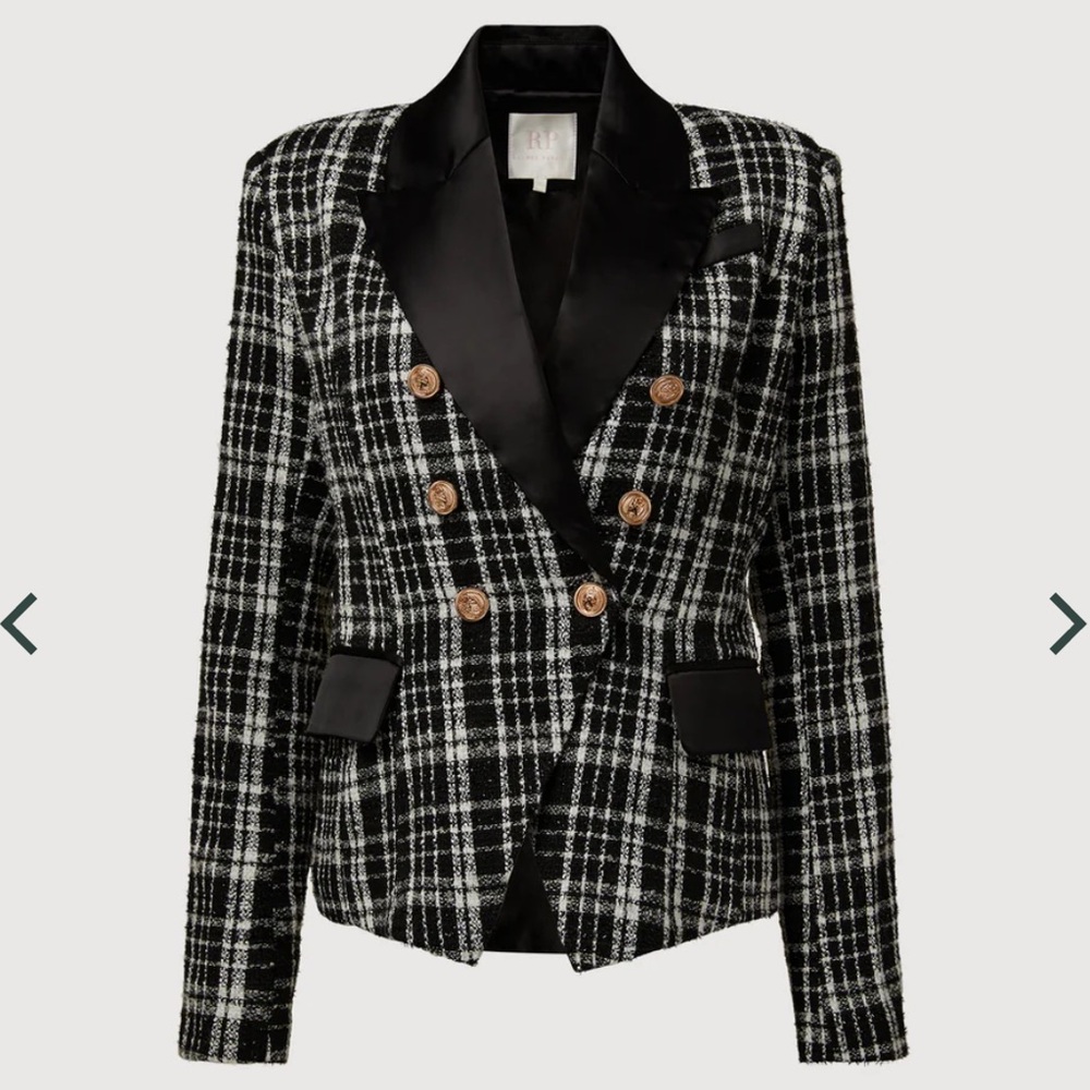 Double Breasted Satin Lapel Tweed Blazer